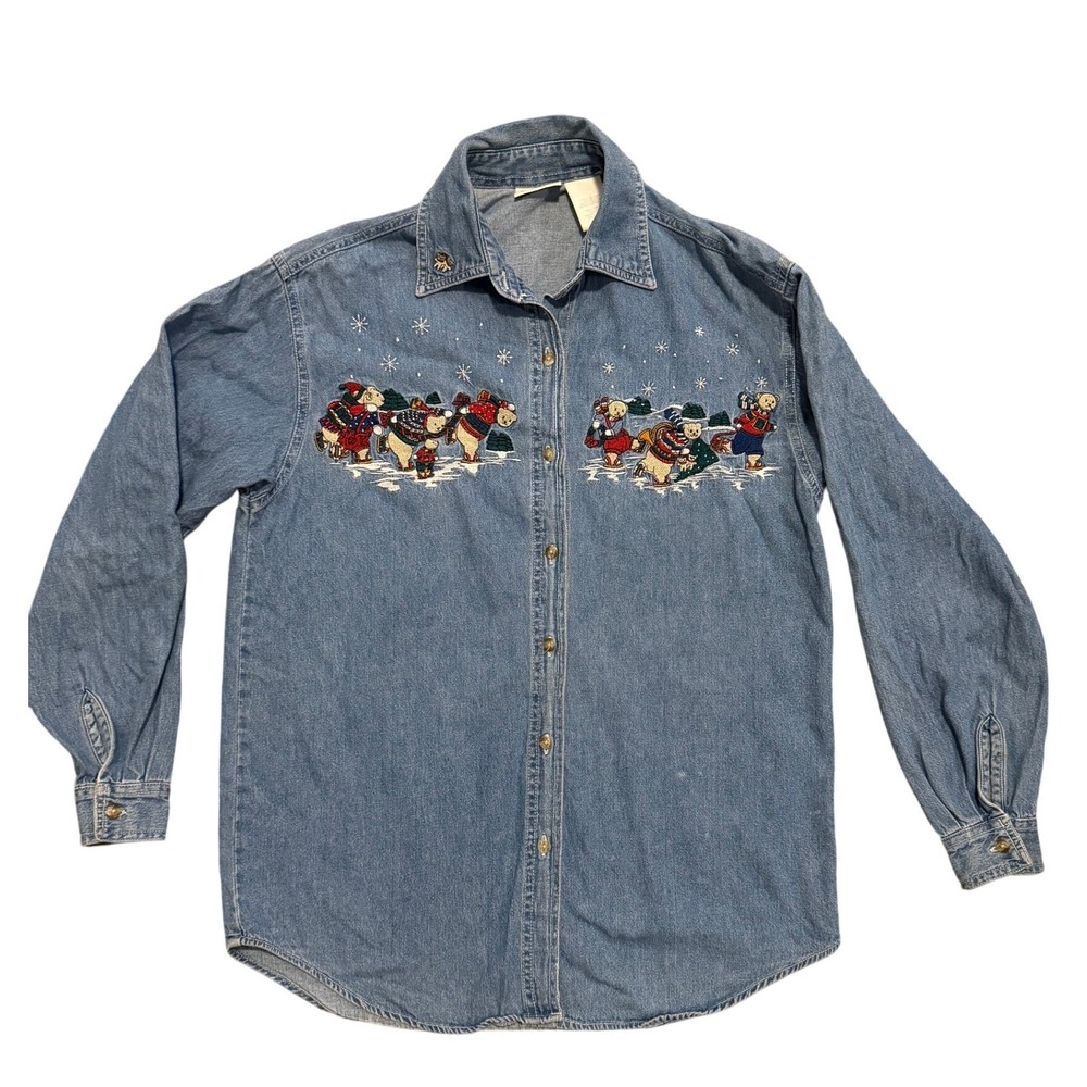 Bobbie Brooks Christmas Denim Shirt Embroidered Bears Button Down Long Sleeve